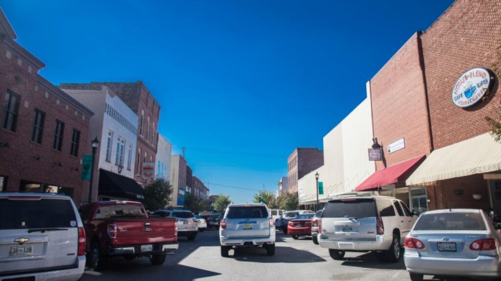 Downtown Dickson, Tennessee streetscape with historic buildings and local businesses