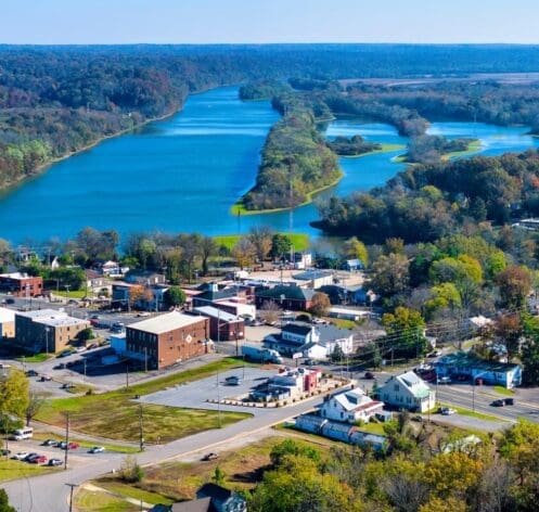 Aerial view of a community and waterway in Stewart County, Tennessee